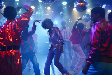 People dancing under disco balls with colorful lights and vibrant nightlife