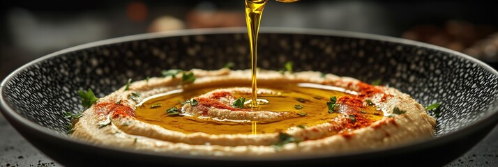 Artistic Lebanese Hummus Display with Olive Oil Pouring, Garnished with Paprika and Parsley