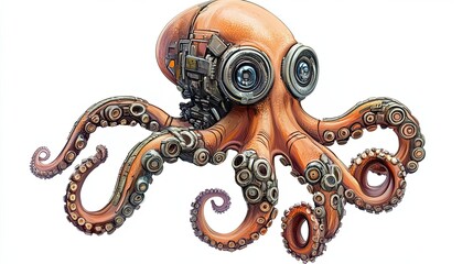 Obraz premium A steampunk octopus with mechanical parts and large eyes.