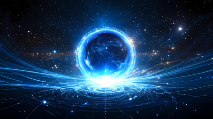 Fototapeta premium A radiant blue sphere at the center of an abstract universe with swirling lines of light radiating outward. Radiant. Illustration