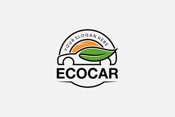 Eco car logo vector design template, simple green leaf car illustration