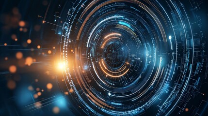 Abstract futuristic digital technology background with glowing circles, lines, and data.