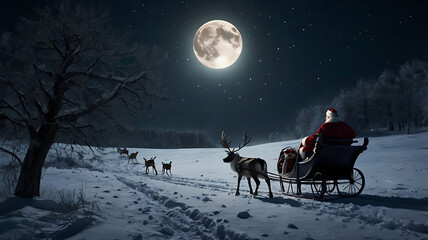 Santa Claus Sleigh Ride on a Snowy Night with Reindeer and Full Moon, Santa Claus, Christmas, reindeer, sleigh ride, winter night, full moon.