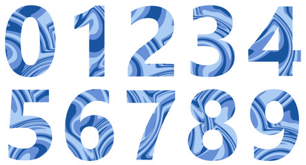 Set of blue numbers with wavy pattern isolated on white. Alphabet with numbers. Vector graphic elements for design. Abstract pattern with lines