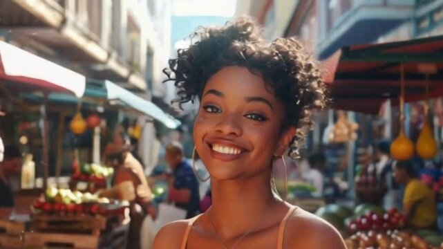 
A beautiful 24 year old African American supermodel standing at a farmer's market, smiling for the camera. She is dressed in casual attire, with detailed facial features reflecting her joy. The backg