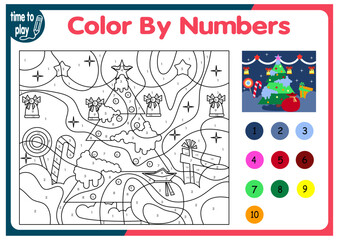 Fototapeta premium children's educational tasks, games. puzzle. coloring by numbers. Christmas tree. Christmas balls. penguin. deer. 