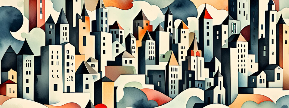 illustrazione sfondo con edifici astratti a tema geometrico surreale
