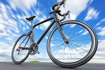 Fototapeta premium A black road bike moving fast with blurred motion against a blue sky with white clouds.