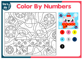 Fototapeta premium children's educational tasks, games. puzzle. coloring by numbers. Christmas tree. Christmas balls. penguin. deer. 