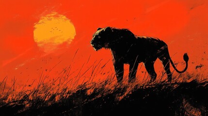 A majestic lion stands tall against a fiery sunset in the African savanna, its silhouette a striking contrast against the vibrant hues.