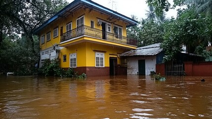 Obraz premium A yellow house with a balcony stands partially submerged in brown floodwater.