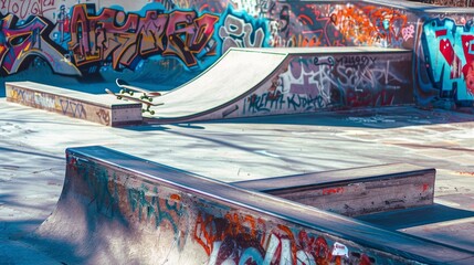 A vibrant skateboarding park with ramps and rails, Skateboards neatly lined up, Urban street style