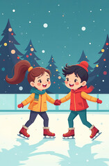 Naklejka premium cheerful and happy children on the skating rink