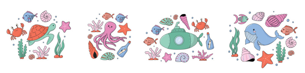 sea doodles compositions for posters, cards, prints, apparel decor, banners, baby shower decor, etc. EPS 10