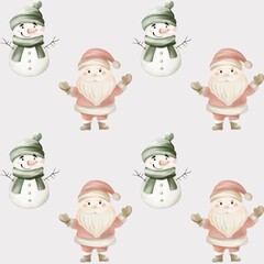 Cheerful Santa Claus and snowman characters celebrating the winter holiday season together