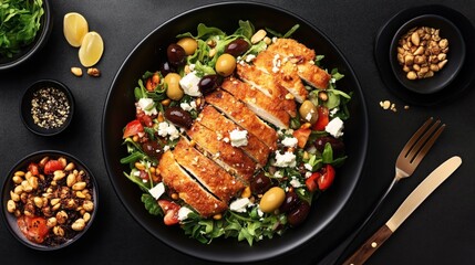 Gourmet salad with sliced fried chicken, arugula, feta cheese, olives, cherry tomatoes, and nuts served in a black bowl on a dark table setting with condiments and lemon wedges