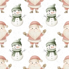 Festive pattern featuring Santa Claus and snowmen on a winter-themed background