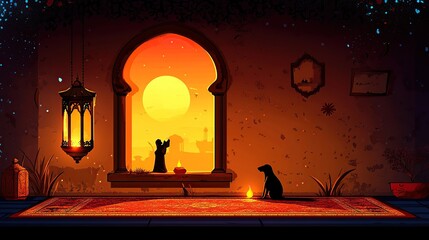 An arched window with a sunset view, a dog, a lantern and a rug.