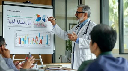 Experienced doctor presents data insights during a medical review meeting in a modern office setting - Powered by Adobe