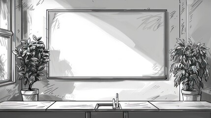 A minimalist sketch of a whiteboard in an office setting, with a desk and two potted plants.