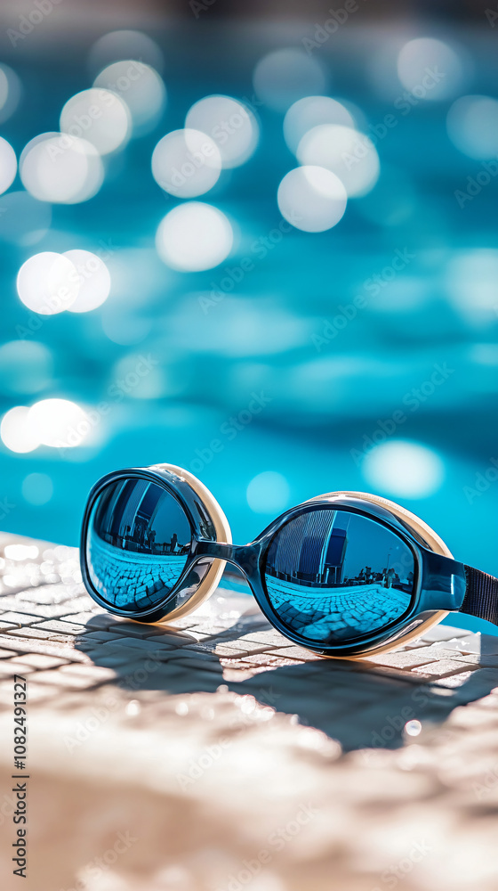 Poster swimming goggles rest on the pool's edge, reflecting the sunny sky and shimmering turquoise water, w