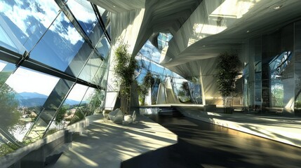 Modern futuristic interior with large windows and plants.