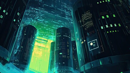 Fototapeta premium A futuristic city landscape with tall cylindrical buildings glowing with green digital patterns.