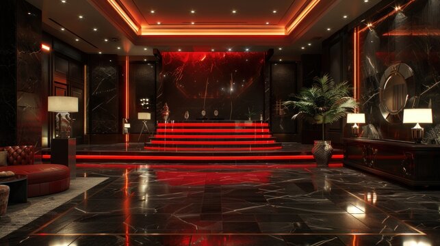 A luxurious, modern lobby with red accent lighting, black marble floors, and a grand staircase.