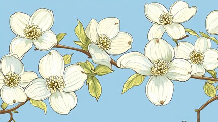 White Dogwood Flowers on a Branch with Green Leaves Against a Blue Sky