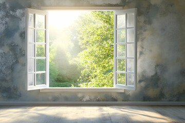 Bright sunlight fills the room as fresh greenery outside brings a sense of tranquility and peace