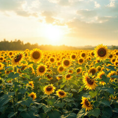 Fototapeta premium Concept photo of sunflowers field with space for text