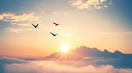 Three birds flying in formation over a mountain range at sunset with fog and clouds.