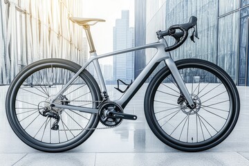 Fototapeta premium A modern grey carbon fiber road bike parked in front of a modern building.
