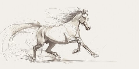 Drawing of a running horse with a flowing mane, isolated on a white background
