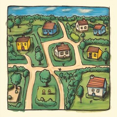 A vibrant illustration of houses and roads in a peaceful neighborhood, showcasing charming architecture and green surroundings.