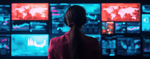 woman in pink blazer wearing headphones analyzes data on multiple screens displaying graphs and maps, showcasing high tech environment