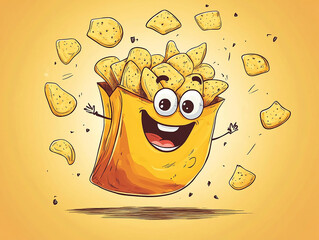 ポテトチップスキャラクター – 箱から飛び出す楽しいスナックアート Potato Chips Character – Fun Snack Art with Chips Flying Out of the Box｜Generative AI