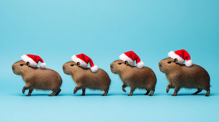 サンタ帽をかぶったカピバラたち – クリスマスの楽しげな歩み Capybaras in Santa Hats – A Joyful Christmas Walk｜Generative AI