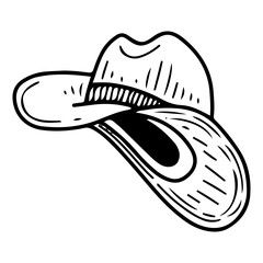 Cowboy hat hand drawn doodle. Wild west headdress. Felt clothing accessory. Western, rodeo. Ranch, farm. Leather cap with folded brim. Vector line art illustration.