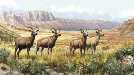 Obraz premium Four Mountain Goats in a Meadow