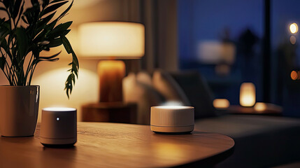 Close-up of smart home devices using ambient computing to provide alerts and notifications