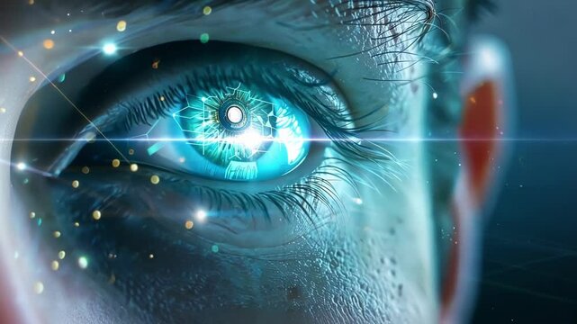 Close up human eye enhanced with digital graphics, hinting at brain activity, evoking neurotech, ai, and human evolution