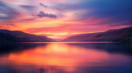 Stunning sunset over a tranquil lake, colorful clouds and hills reflected on the water create a serene atmosphere.