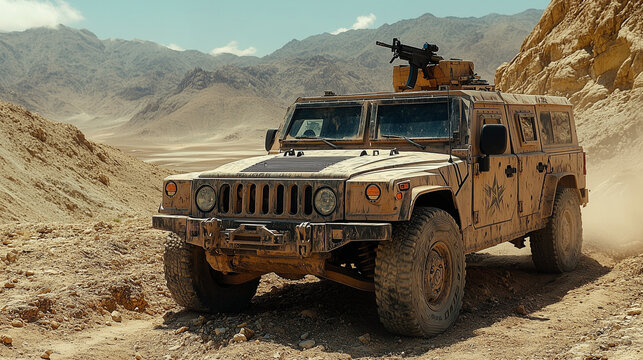 Military Humvee in Rugged Terrain:  A camouflaged Humvee, rugged and powerful, navigates challenging terrain in a desolate desert landscape, capturing the essence of military strength and resilience.