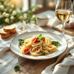 Concept photo of spaghetti, pasta with sauces in plate on light wooden table