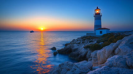 Fototapeta premium Serene Sunset Lighthouse: A picturesque lighthouse stands tall against a vibrant sunset, casting its warm glow upon the tranquil ocean. A lone vessel sails on the horizon.