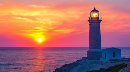 Lighthouse Sunset Serenity: A majestic lighthouse stands tall against a vibrant sunset, its beacon a symbol of hope and guidance. The tranquil scene evokes a sense of peace and wonder. 