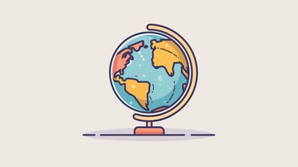 A simple cartoon illustration of a globe on a stand, with a blue, yellow, and pink color scheme.