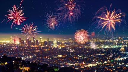 Los Angeles Cityscape with Fireworks