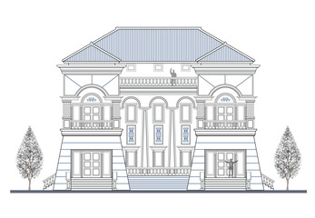 Facade of 3 storeys symmetrical modern classic house with 4 doors, 6 windows, long balustrade, frame, 6 columns, decoration, railing, canopy, crowns, veranda and triangular roof.